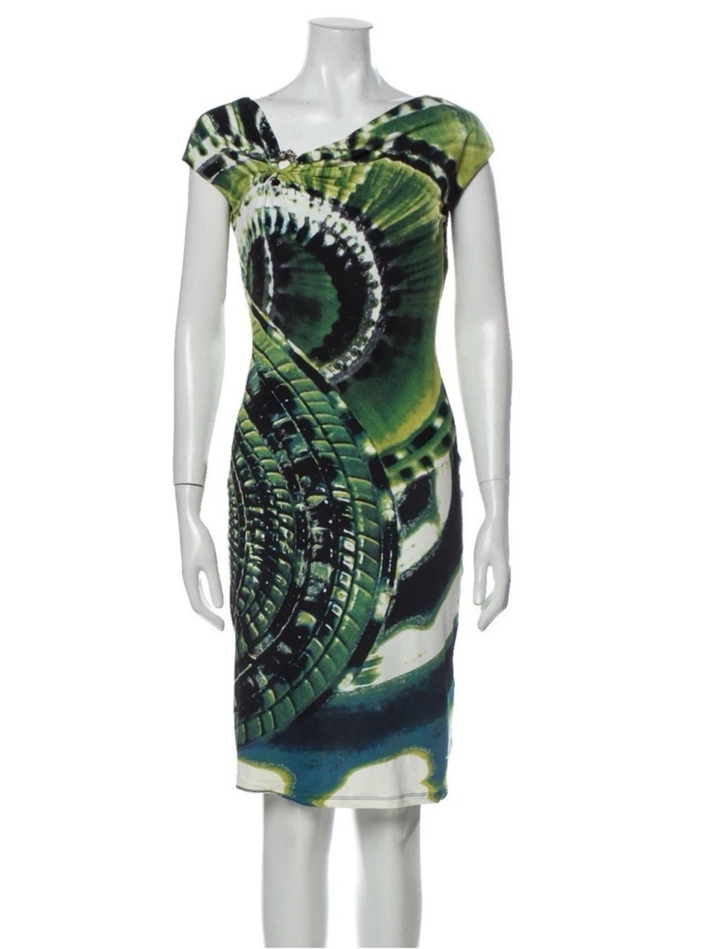 ROBERTO CAVALLI VINTAGS Green Abstract Print Cap-Sleeve Sheath Dress SZ 40